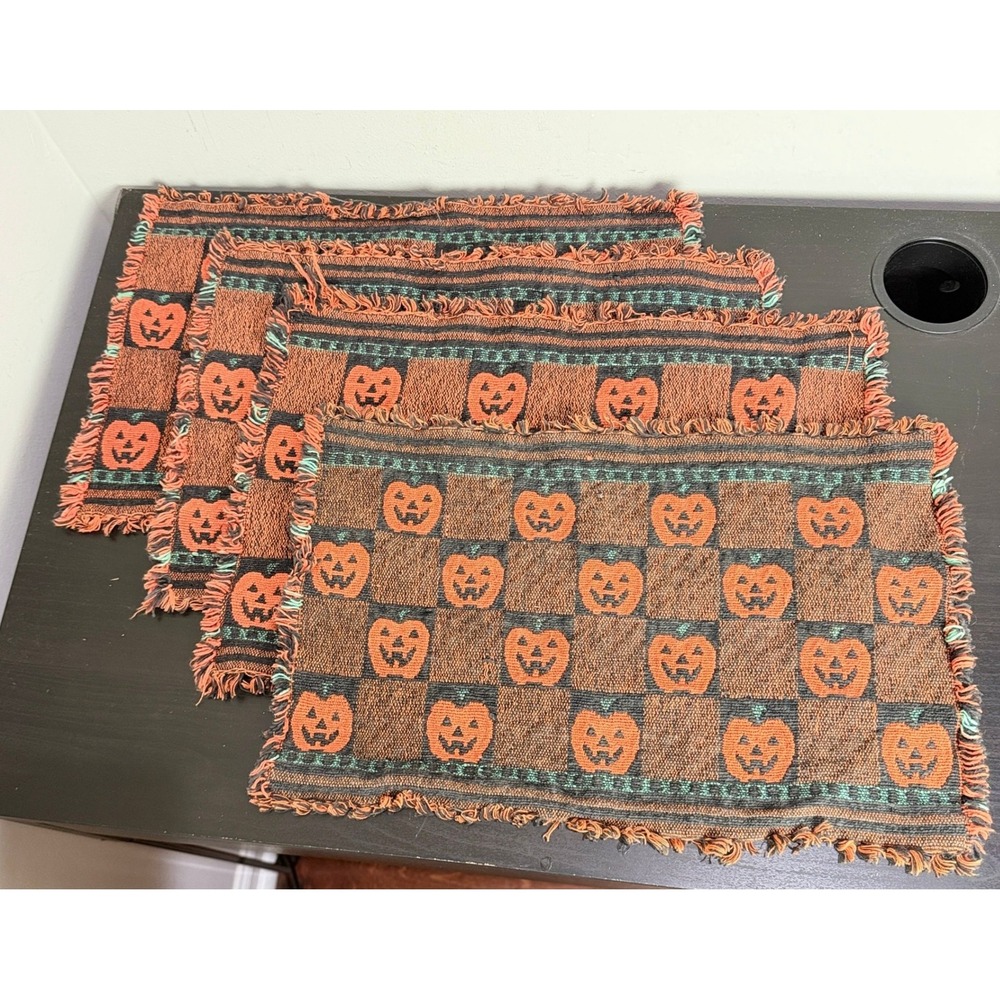 4x VTG Halloween Pumpkin Jack-O-Lantern Tapestry Placemats Orange Black Fringed
